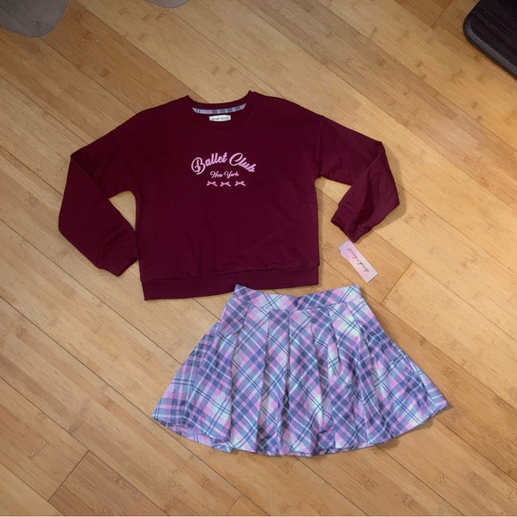 Derek Heart Other - NWT Girls Size 8 Outfit - Ballet Class Burgundy Sweatshirt & Plaid Skorts Set